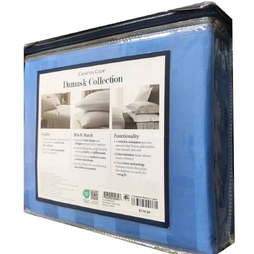 new CORNFLOWER BLUE STRIPE Charter Club Damask 550TC 100% Cotton QUEEN Sheet Set